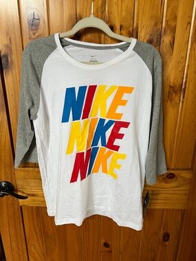 Nike White Baseball Raglan Tee with Multicolor NIKE Graphic